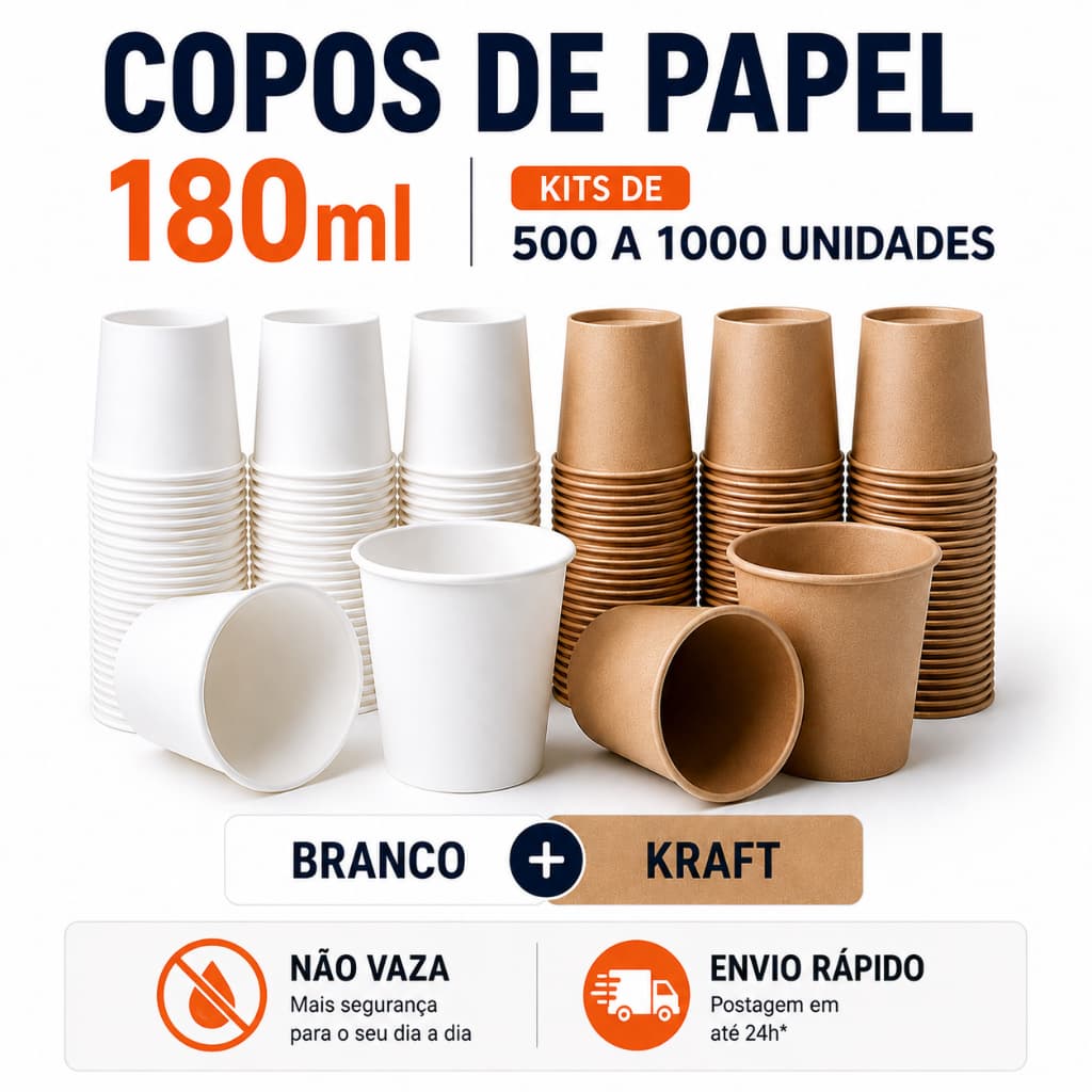 KIT 500 A 1000Uni. de Copo de Papel BRANCO ou KRAFT Biodegradável 180ML | Ideal para Café Chá Leite