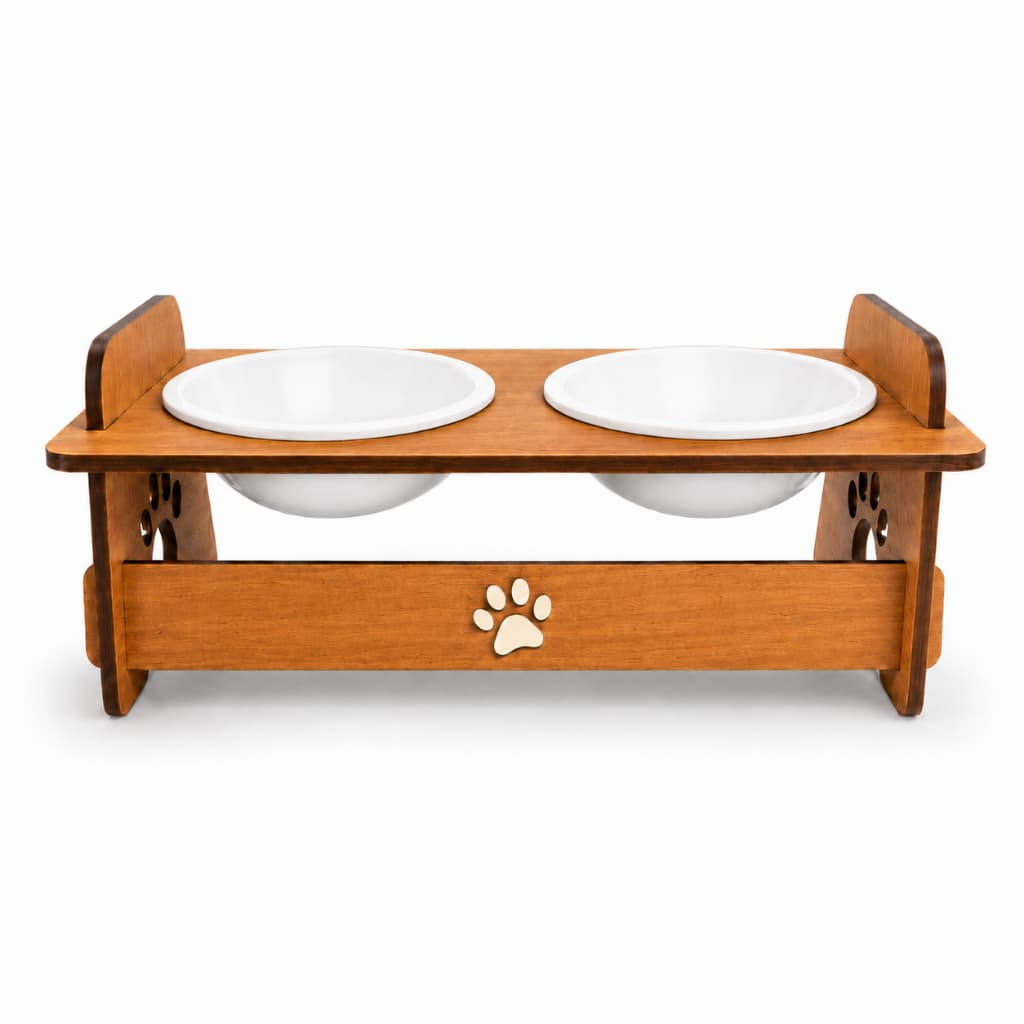 Comedouro Pet Elevado MDF para Gatos e Cachorros 1 ou 2 Potes Branco/Preto