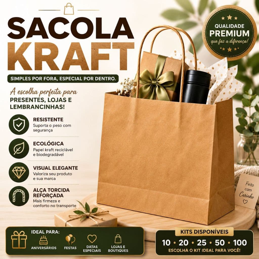 BOLSA SACOLA KRAFT PREMIUM COM ALÇA Embalagem Elegante para Presentes e Produtos