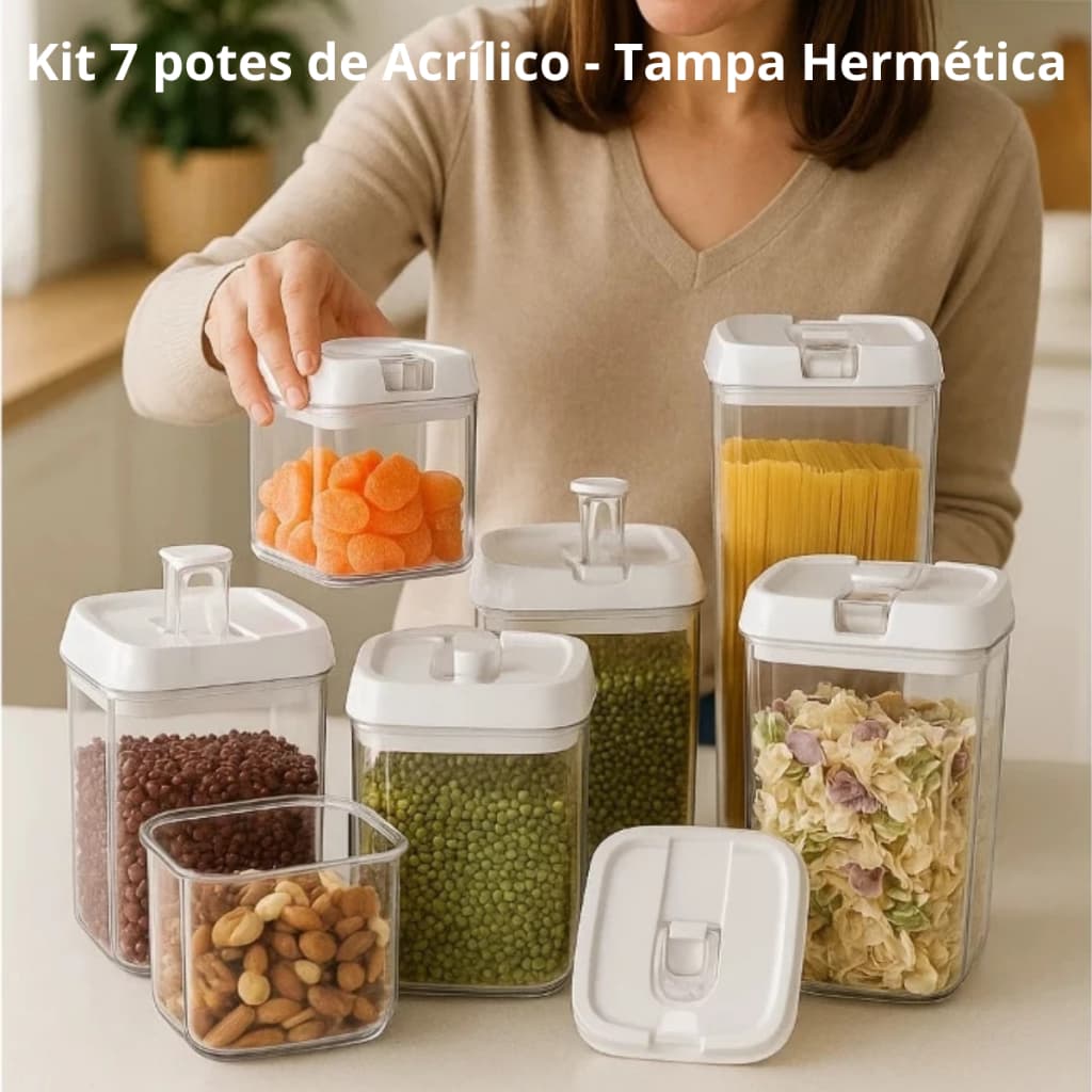 Kit 7 Potes Acrílico Armazenamento Alimentos Mantimentos Cozinha  MultiusoTampa Hermética