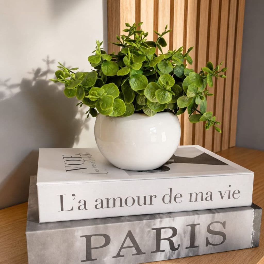 Arranjo de Verdinhos Artificial vaso  Cerâmica Branco para decorar Nichos, estantes  e Prateleiras