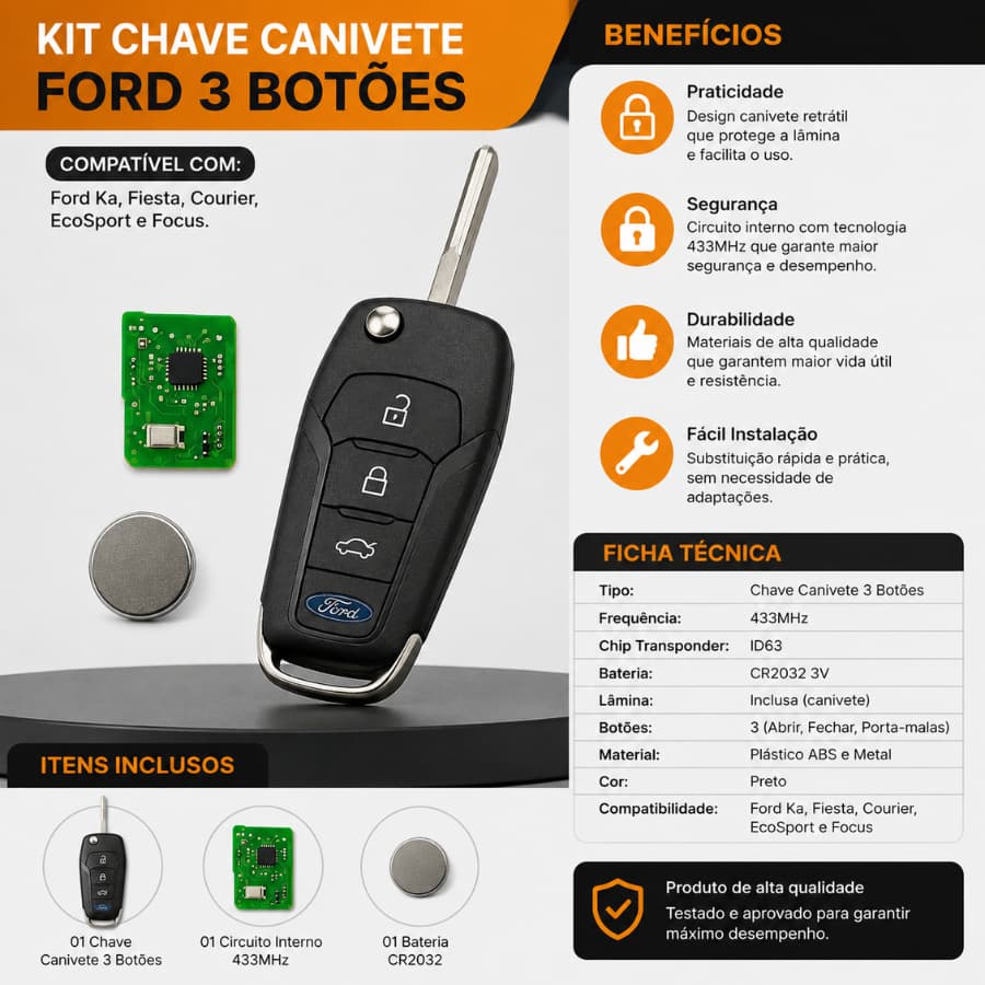 Chave Canivete Ford Ka Fiesta Ranger Eco Sport - Alarme Com 3 Botões Modelo Novo