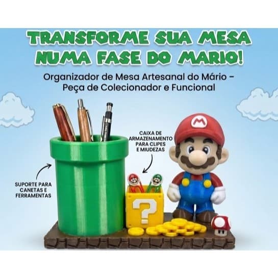 Organizador de Mesa Super Mario Porta Lápis Decorativo Escritório Gamer