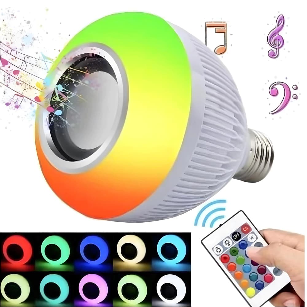 Lâmpadas LED com efeitos de iluminação RGB controlados por controle remoto e função de reprodução de música.