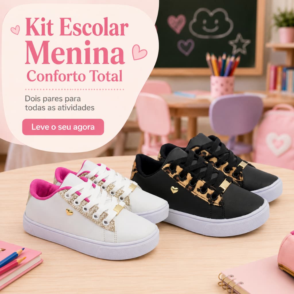 Kit 2 Tenis Menina Conforto Total | Dois Pares + Estilo Com Resistencia Do 25 ao 36 | LEVE O SEU!