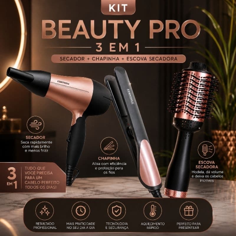 Kit Beleza 3 em 1 Profissional Bivolt Escova Secadora 1300W+Secador 1200W+Chapinha Seca Alisa Modela