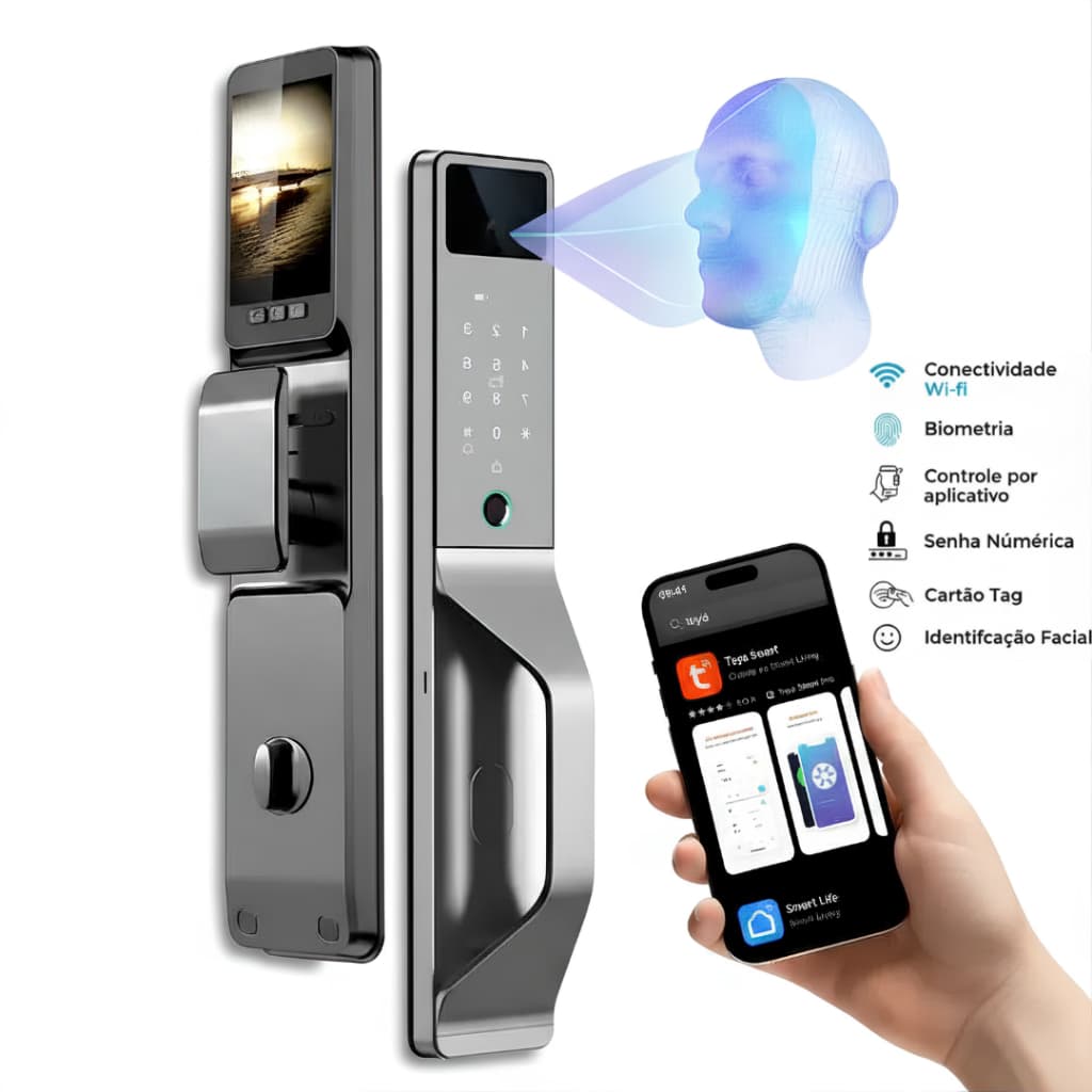 Fechadura Inteligente com Reconhecimento Facial, Tuya App,Alarme,Impressão Digital e Senha