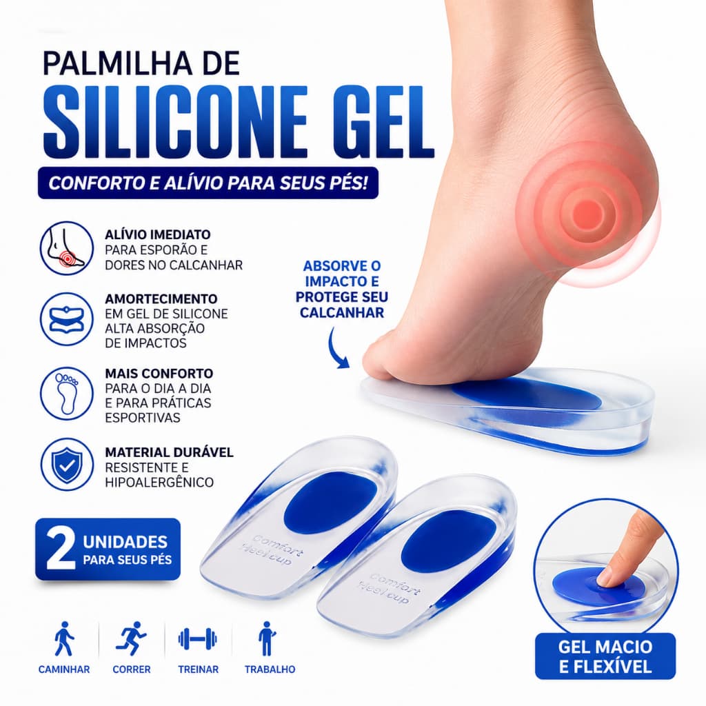 Conjunto 2 Palmilha Silicone Gel Ortopédica Esporão Calcanheira Calcanhar Transparente Confortável Relaxante