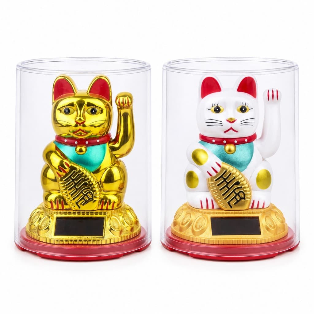 Gato da Sorte Maneki Neko Solar Decorativo Feng Shui Prosperidade