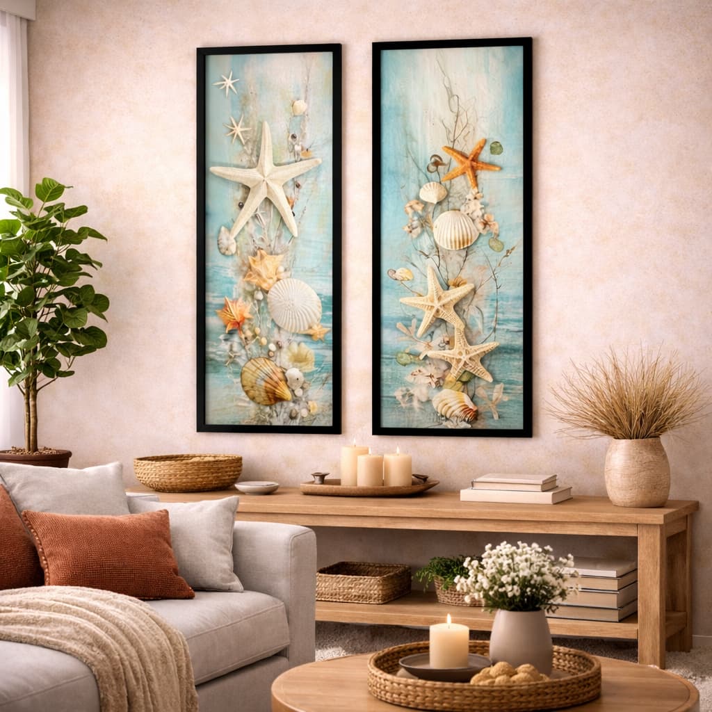 Kit 2 Quadros Decorativos Estrela-do-Mar e Conchas Decoração Lavabo Toalete