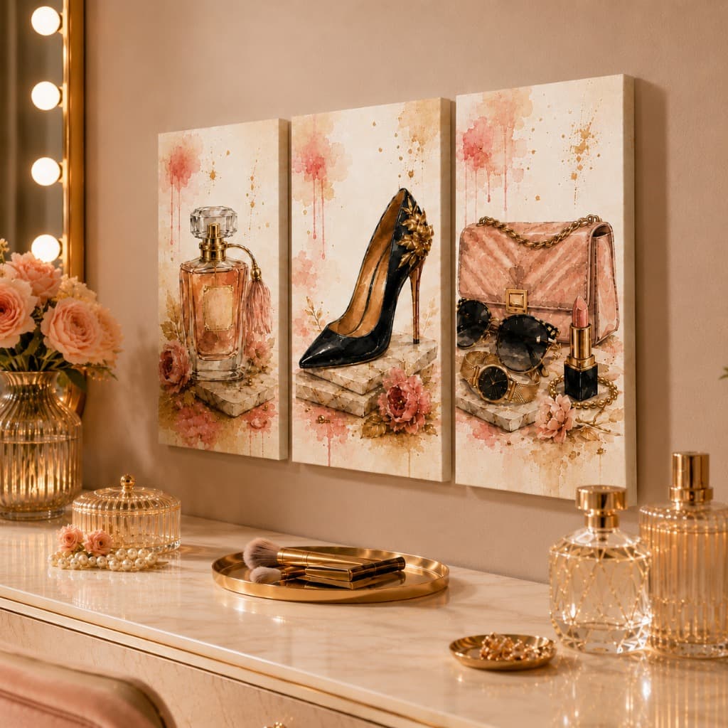 Quadro Decorativo Fashion Luxury Feminino 3 Peças Perfume, Salto Alto e Acessórios Glamour Elegância