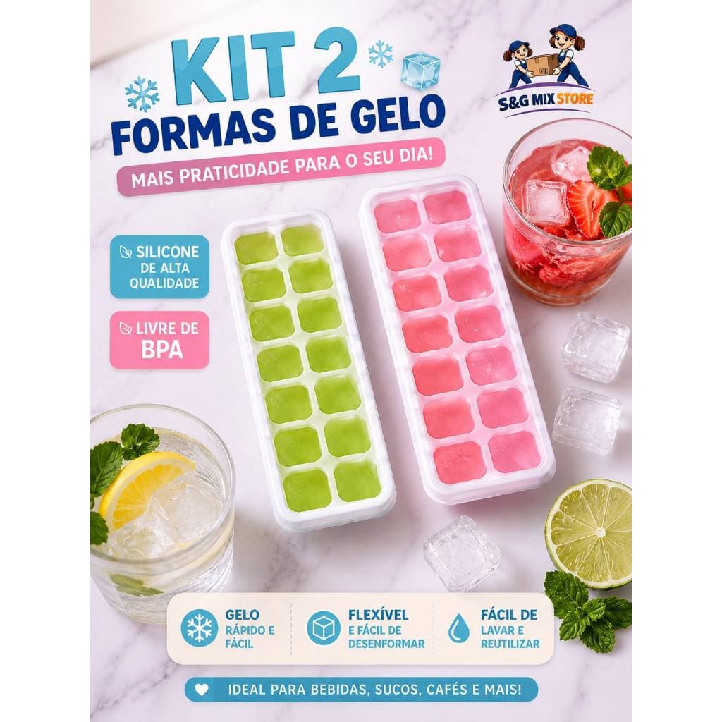 Kit 2 Formas de Gelo Silicone Com Tampa Rígida/ Flexível Fundo Retangular 14 Cubos Multiuso sortido!