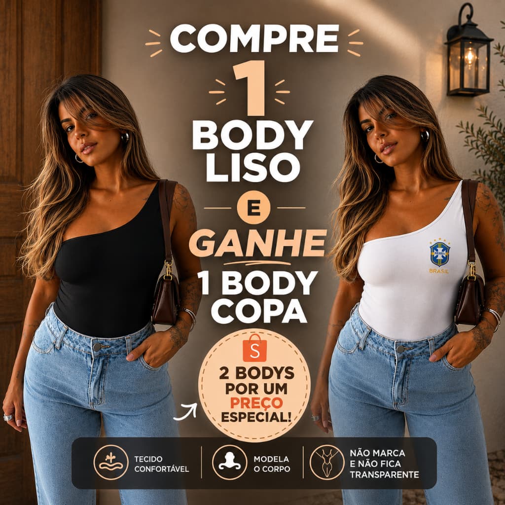 Body Um Ombro Só Manga Nula Premium + Body Copa do Brasil
