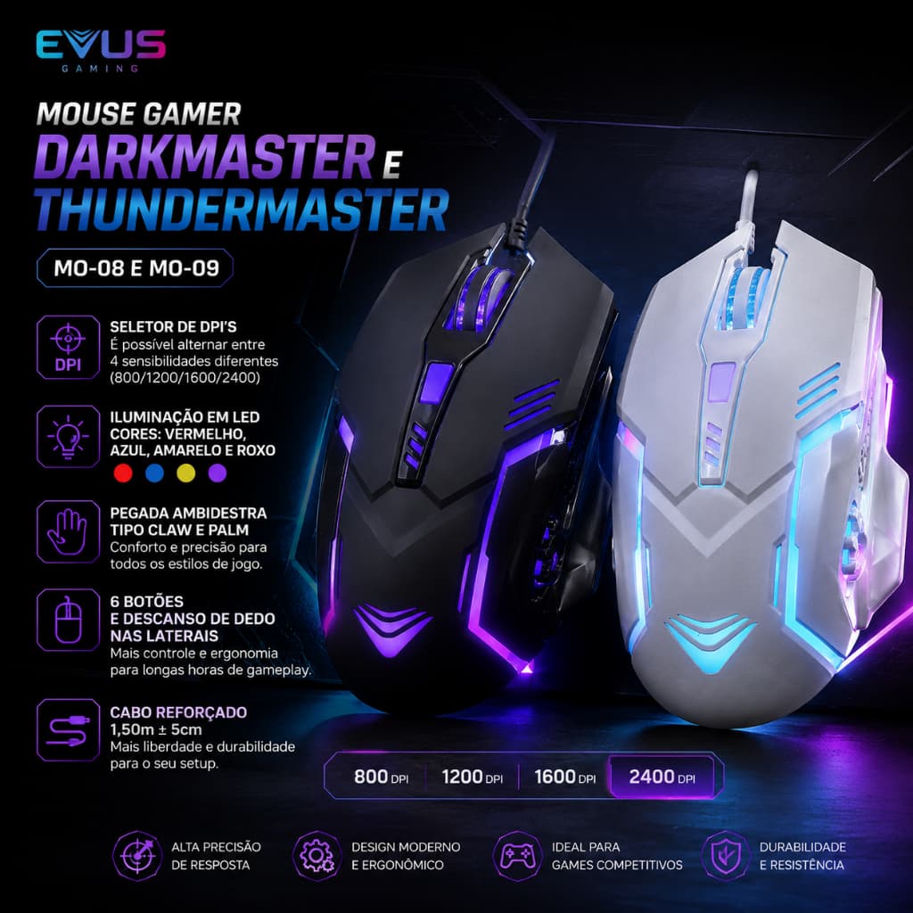 Mouse Gamer Branco Com LED 6 Botoes Botão Lateral 2400DPI Pegada Ambidestro Evus MO-09 ThunderMaster