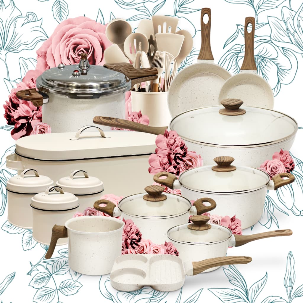 Mega Conjunto de Panelas Mimo Style & Porta Pães Vintage+ Frigideira 3 em1 + Panela Wok 25 Peças