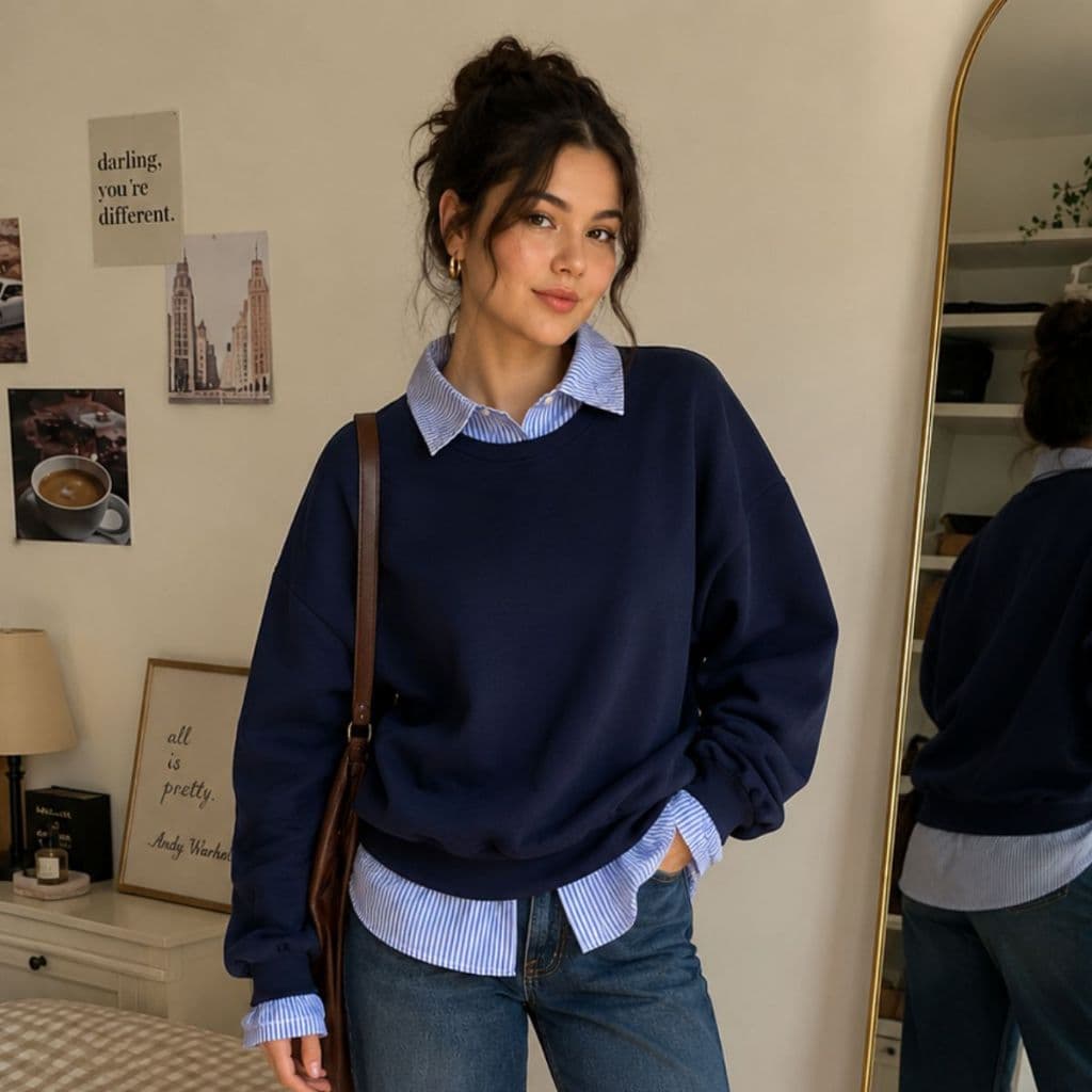 Moletom Feminino Estilo Preppy Liso Sobreposição Manga Comprida Blusa de Frio Gola Redonda