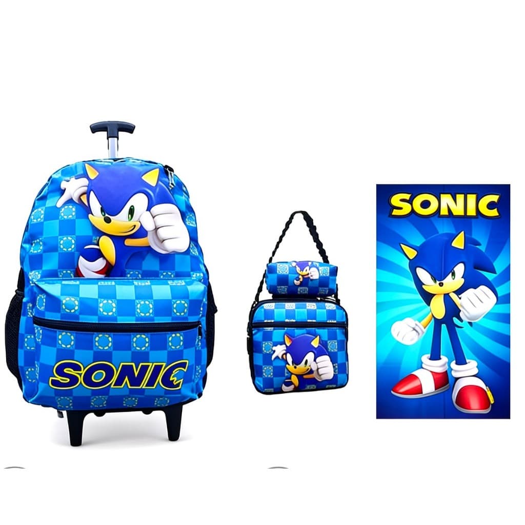 Kit Mochila Rodinha Sonic Lancheira  e Estojo Juvenil Escolar + Toalha