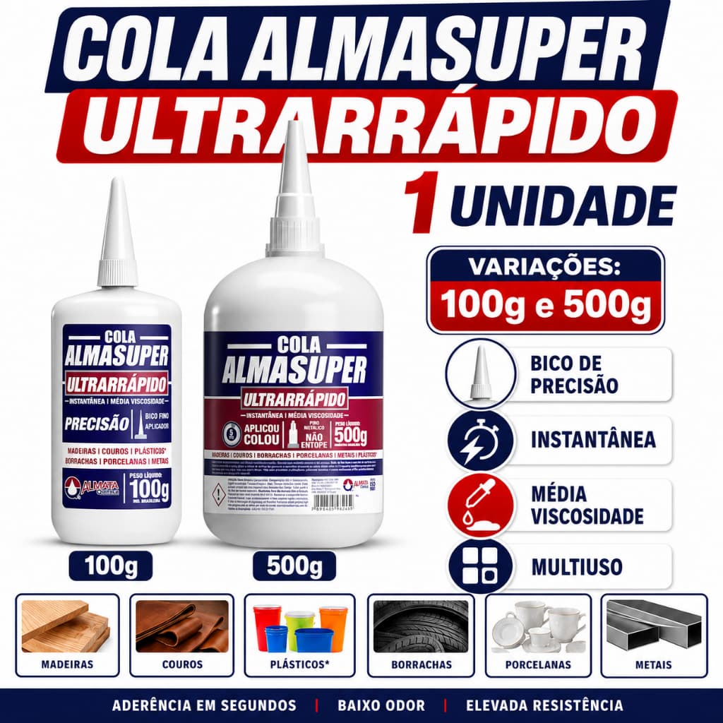 Cola Instantanea Almasuper Cianoacrilato 100g Bico Fino Metálico Ou 500g Marceneiro Atacado MDF EVA
