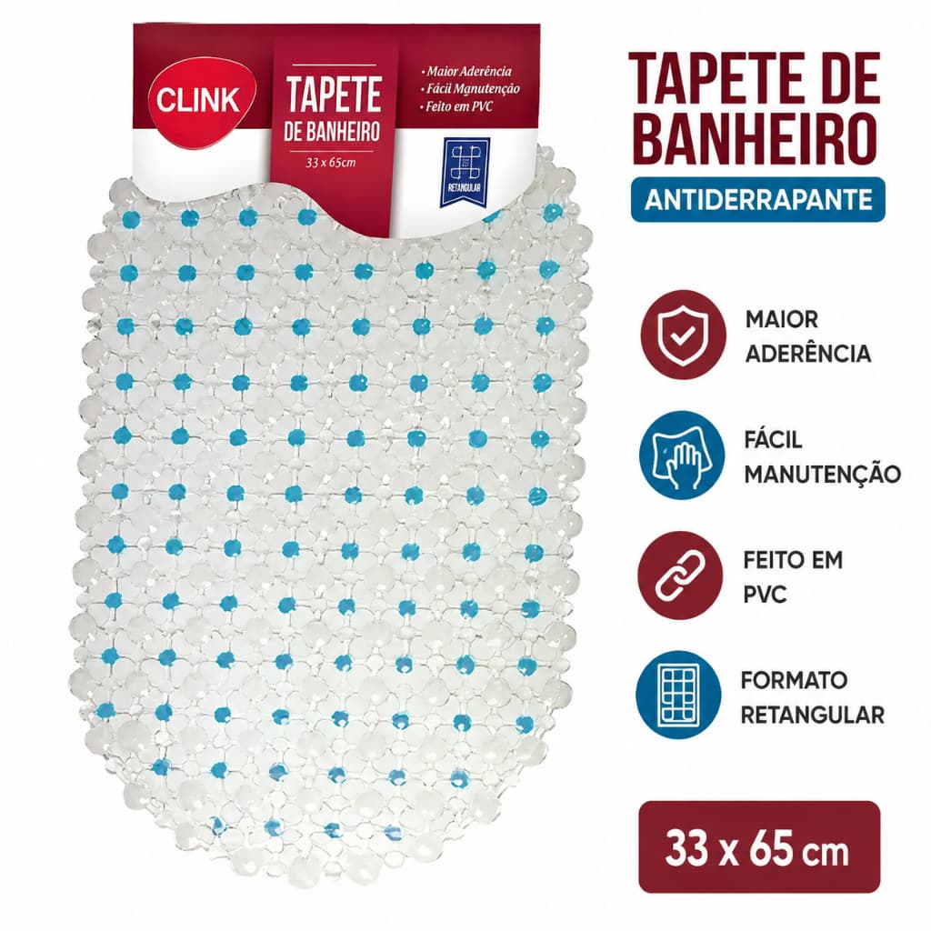 Tapete De Banheiro Antiderrapante PVC Com Ventosas Lavável 33x65cm Para Box e Banho