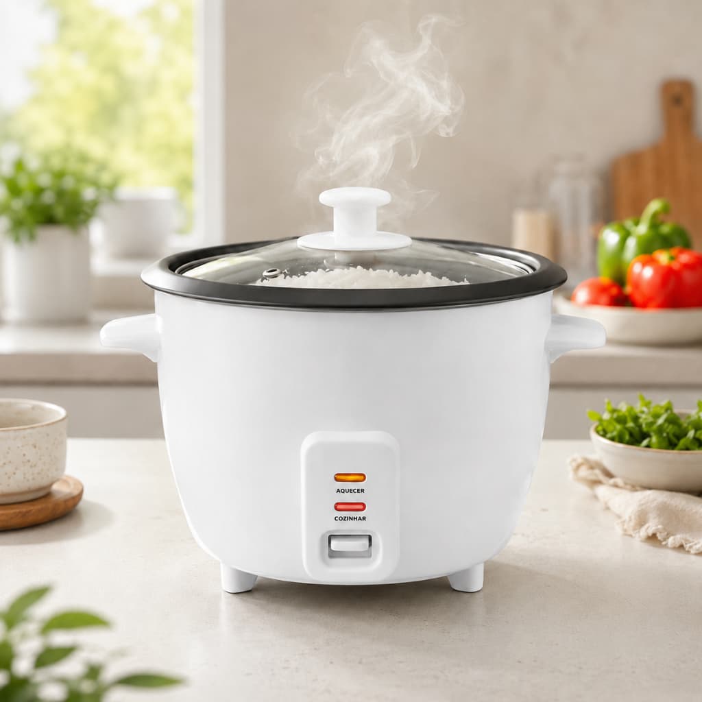Panela de Arroz Elétrica 1,3L Branca Antiaderente 127V/220V Tampa de Vidro Compacta Função Aquecer