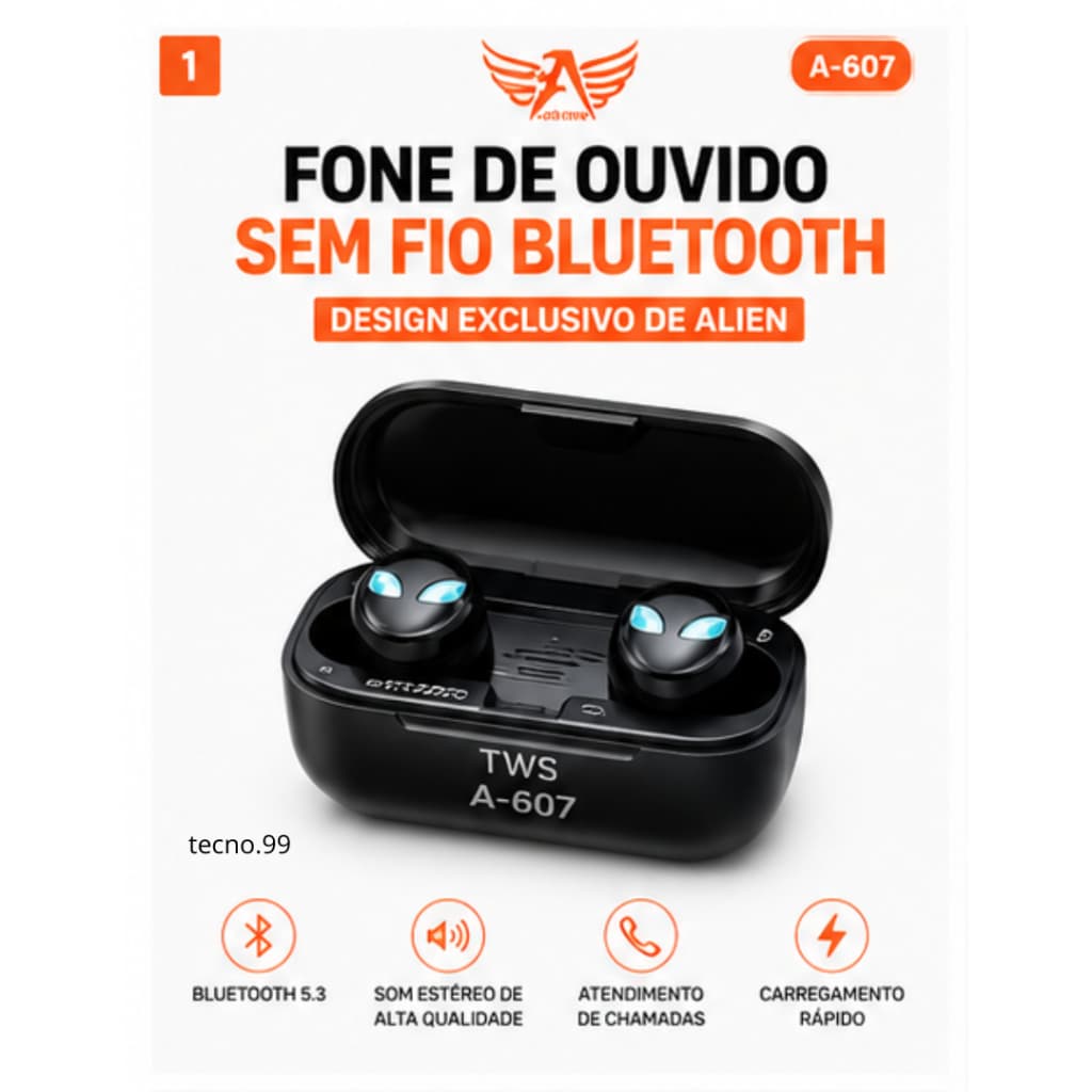 Fone de Ouvido Sem Fio Bluetooth 5.3 A-607 Design Alien Preto TWS com Microfone