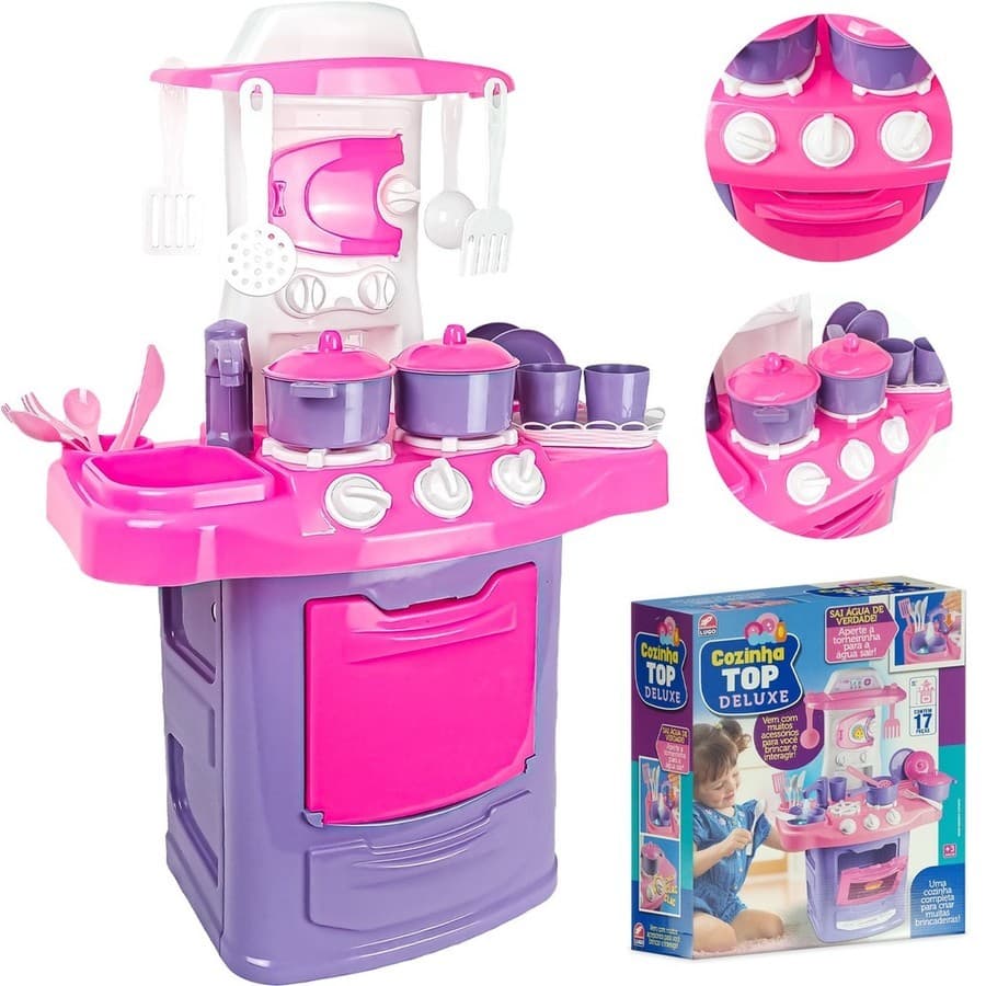 Cozinha Infantil Top Deluxe com Água de Verdade, Pia Funcional, Fogão, Panelas, Copos e 17 Acessórios para Brincar