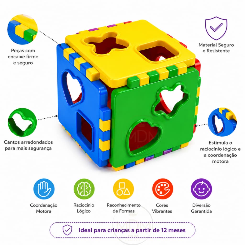 Cubo Didático Educativo com Blocos de Encaixe Pedagógico Ajuda a Desenvolver a Coordenação Motora