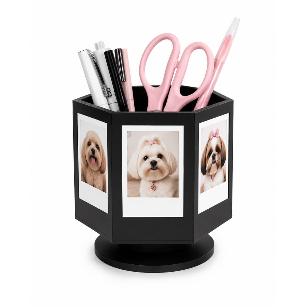 Porta retrato giratório com Porta Canetas para Fotos Instax Mini Polaroid Organizador de Mesa Decoração
