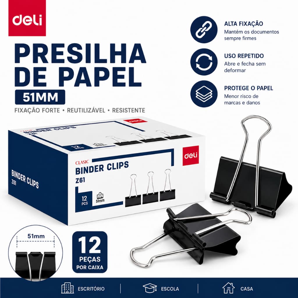 KIt Presilha de Papel Deli Metálica com Ponta Curva e Alta Fixação 12 Peças 51mm