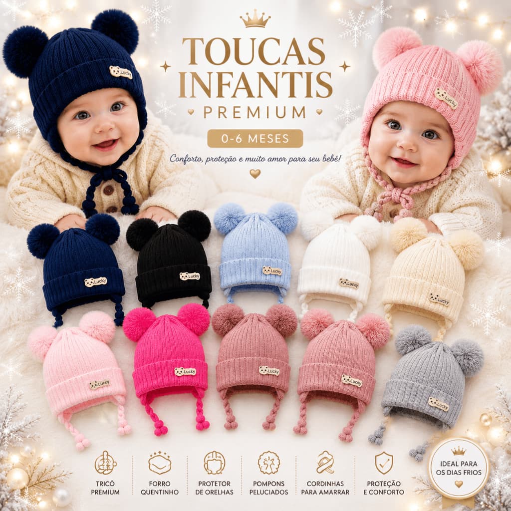 Touca Infantil Forrada Pompom Gorro Touquinha para Bebe até 6 Meses Dois Pompom Menina Menino