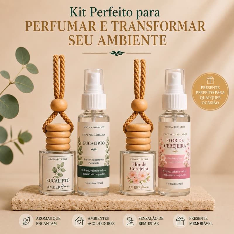 Kit Aromatizador + Spray Perfumado Premium Ambiente Carro Essência Aroma