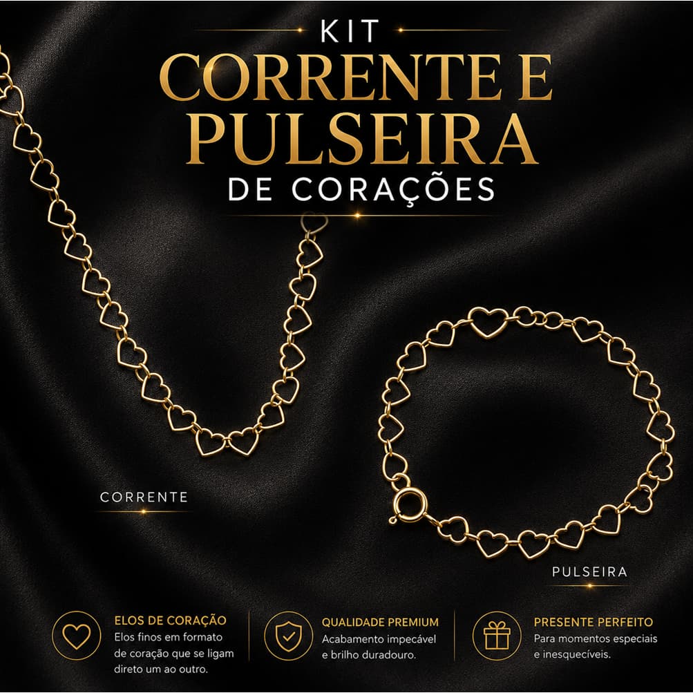 Kit Corrente e Pulseira de Corações Banhado a Ouro Presente Namorados Elegante Dourado
