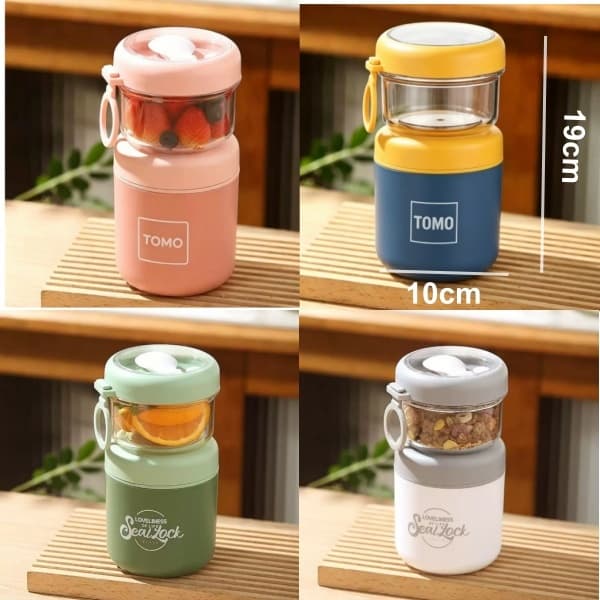 2 Peças Marmita Térmica Aço Inox 304 com Colher 290ml+ 530ml reservação  Salada  fruta Iogurte e Sop com Colher e Tampa