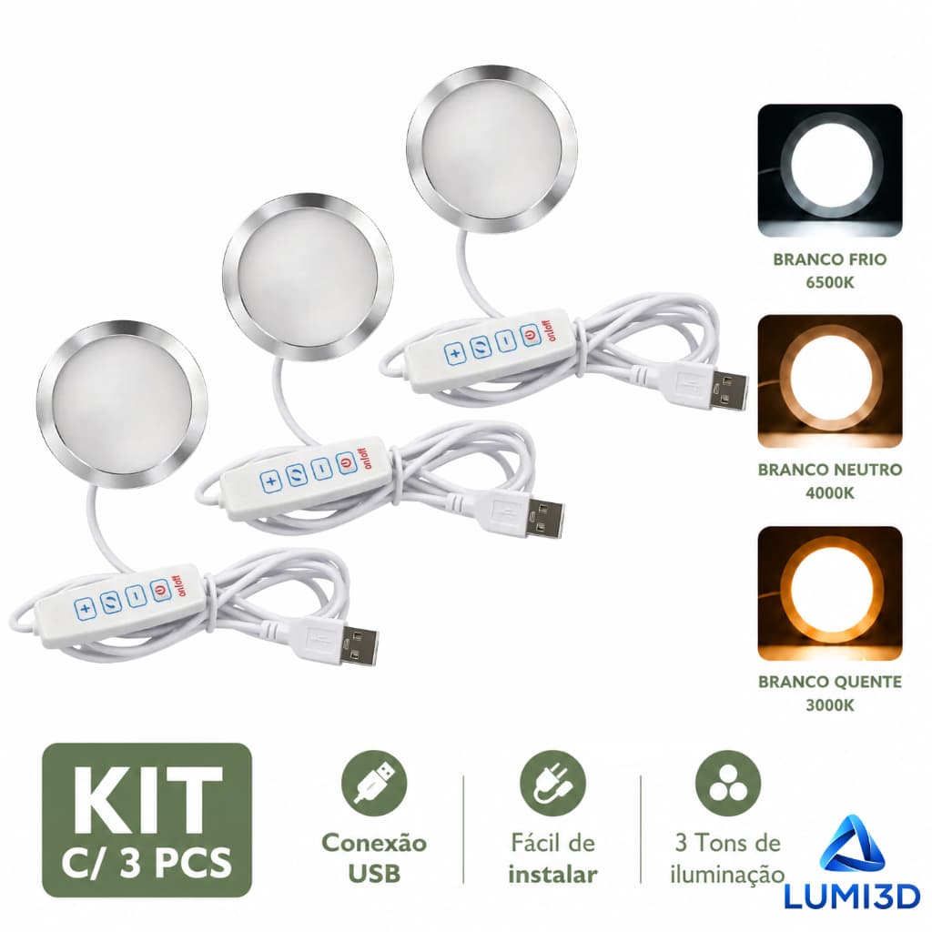 Kit 3x LED 001 3 Tons USB 5V para Impressora 3D Bambu Lab Fácil Instalação DIY 3 Cores