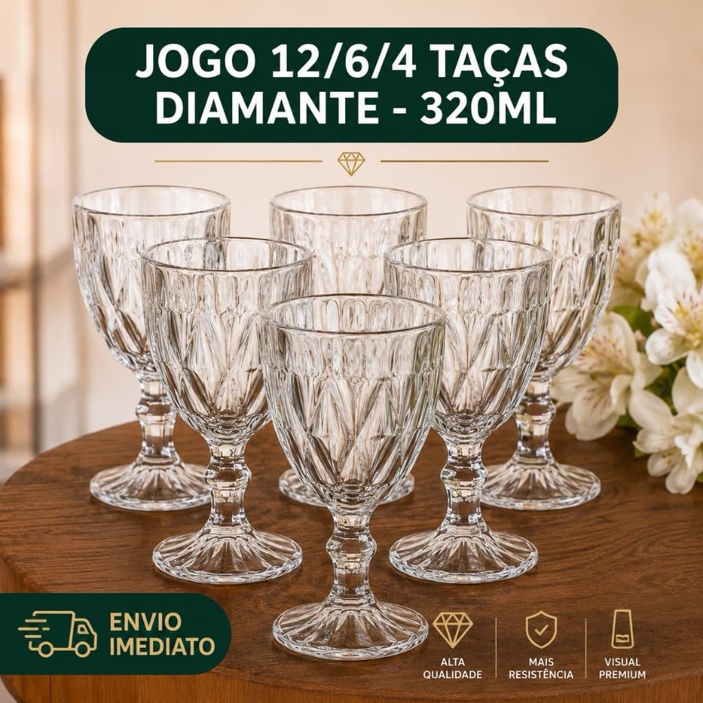 Jogo 12/6/4 Taças Diamante Vidro 320ml Vinho Água Diamond Transparente