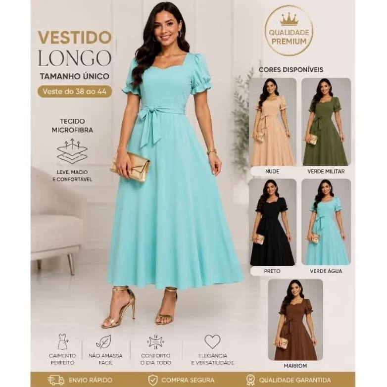 Vestido Longo Feminino Elegante Casual e Social Gola Coração Com Cinto Tecido Biscoamida