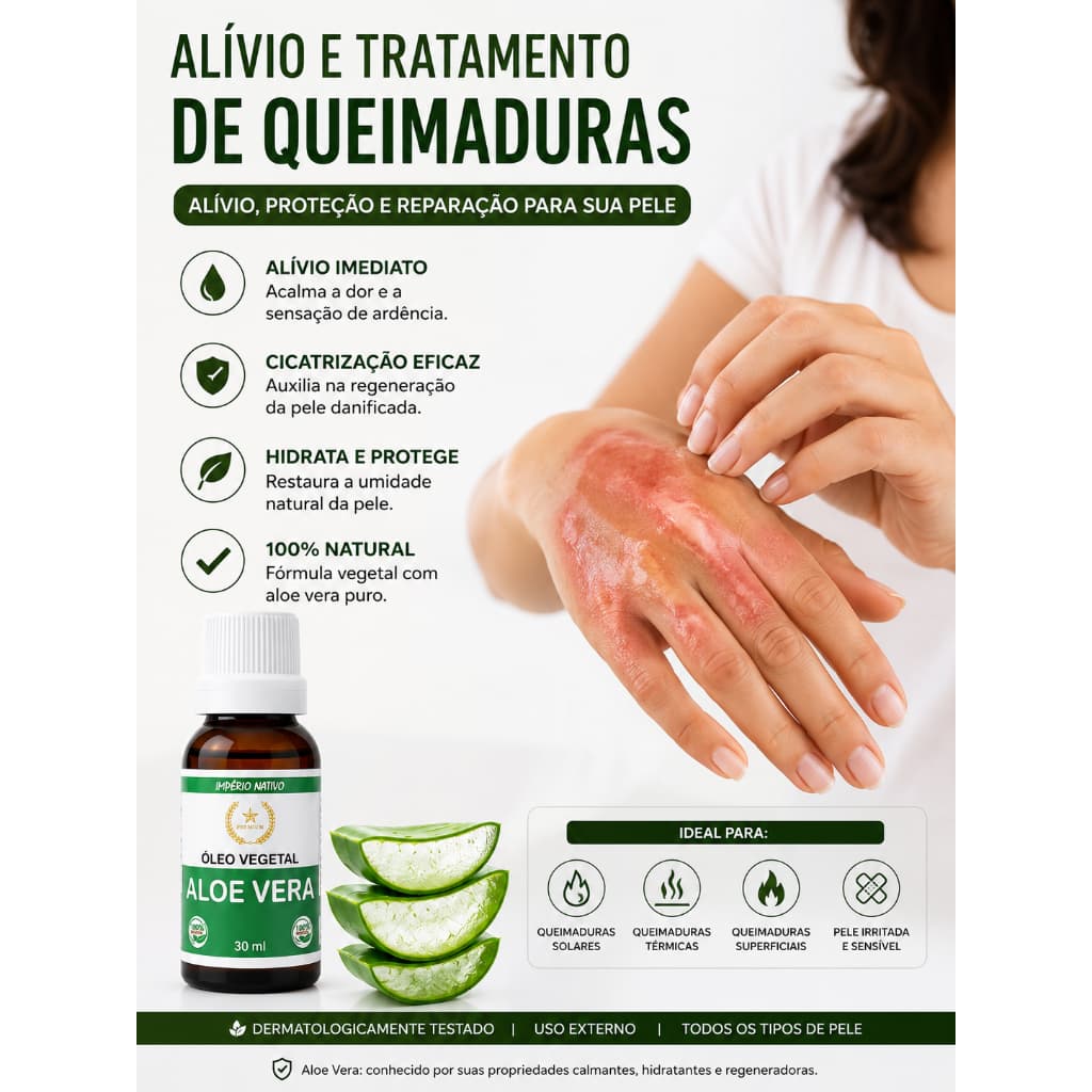 Óleo de Aloe Vera Babosa para Cicatrização Queimaduras Feridas 30ml  Premium 100% Vegetal