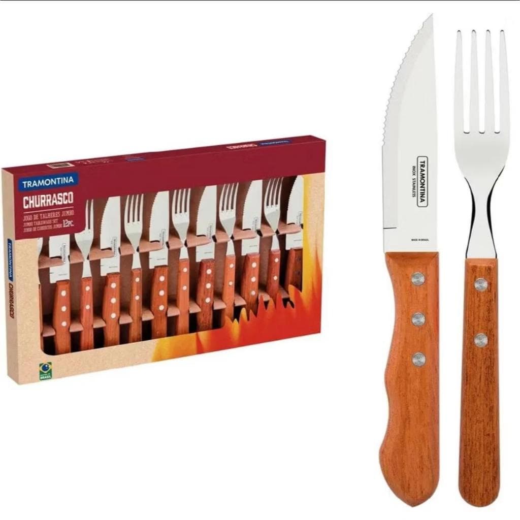 Faqueiro Jogo De Talheres Inox Tramontina Jumbo para Churrasco Madeira 12 Peças Garfo Faca