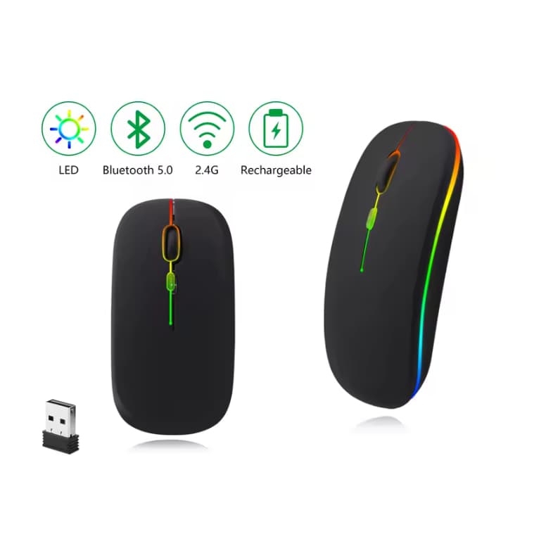 Mouse Sem Fio Recarregável Bluetooth 2.4G — Óptico Ergonômico Silencioso LED 1600 DPI para PC e Notebook
