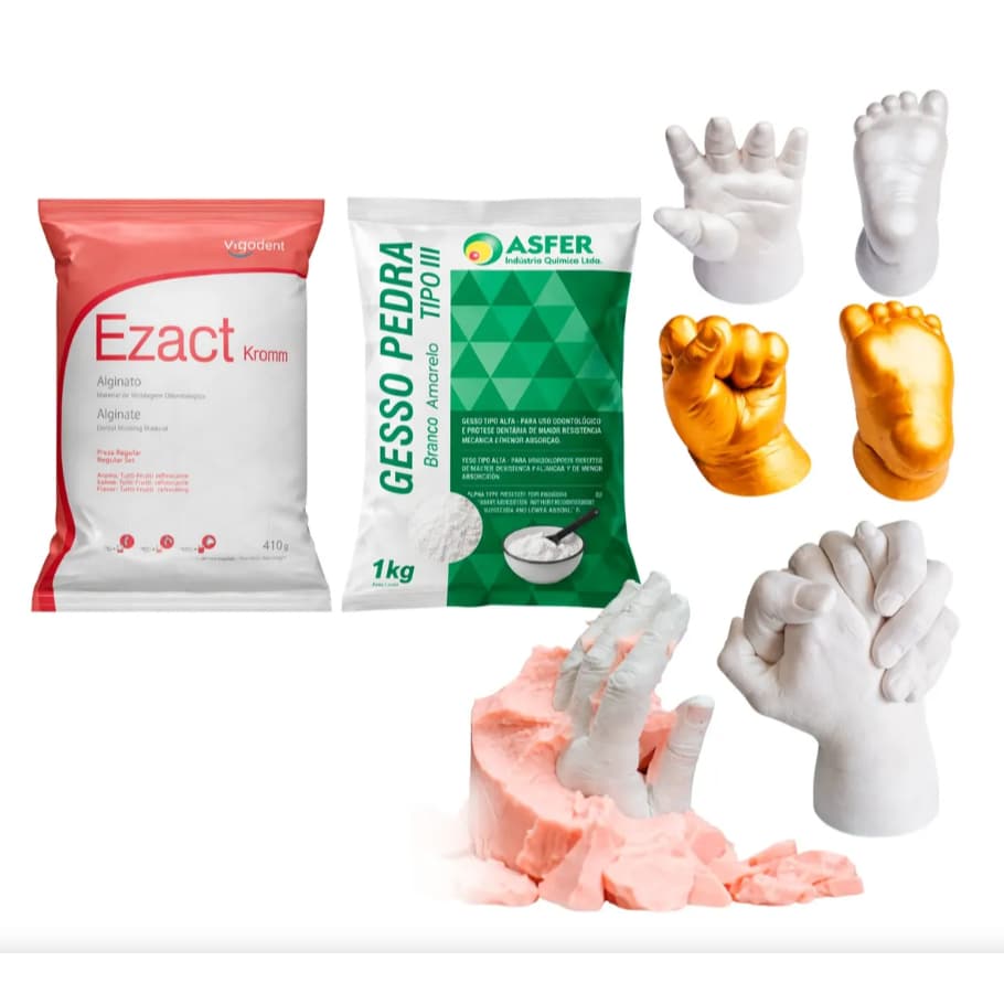 Kit Moldagem Alginato Ezact + Gesso Pedra Branco + Espátula + Cuba - Pés e Mãos Bebê, Adulto, Odontológico