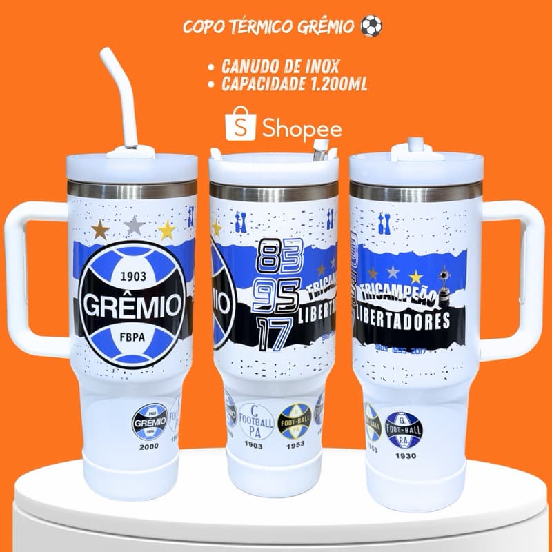 Copo Térmico Grêmio 1.200ml com Canudo – Aço Inox | Mantém Gelado por Horas 💙⚽