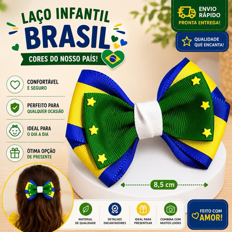 Laço Infantil Brasil Luxo 🇧🇷 Gorgurão Verde Amarelo Azul com Estrelas | Laço Menina Cabelo | Envio Rápido Pronta Entrega