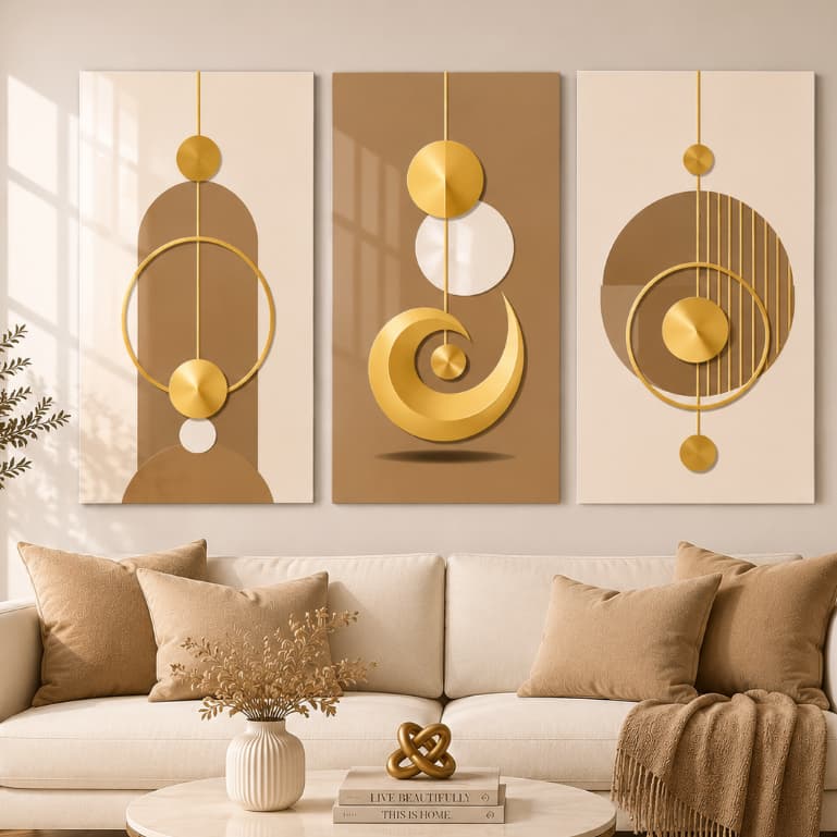 Kit 3 Quadros Decorativos Geométrico Dourado Bege Abstrato Moderno Luxo Sala Quarto MDF