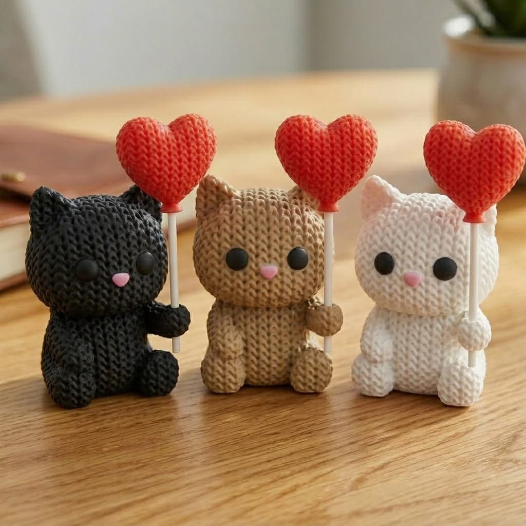 Gato Decorativo Tricot com Coração | Enfeite Fofo para Mesa, Quarto e Presente Romântico