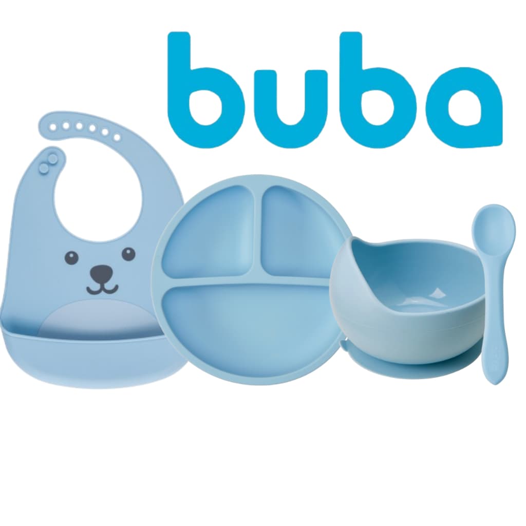 Kit Introdução Alimentar Buba Azul Babador + Prato + Bowl  +  Colher 100% silicone Azul