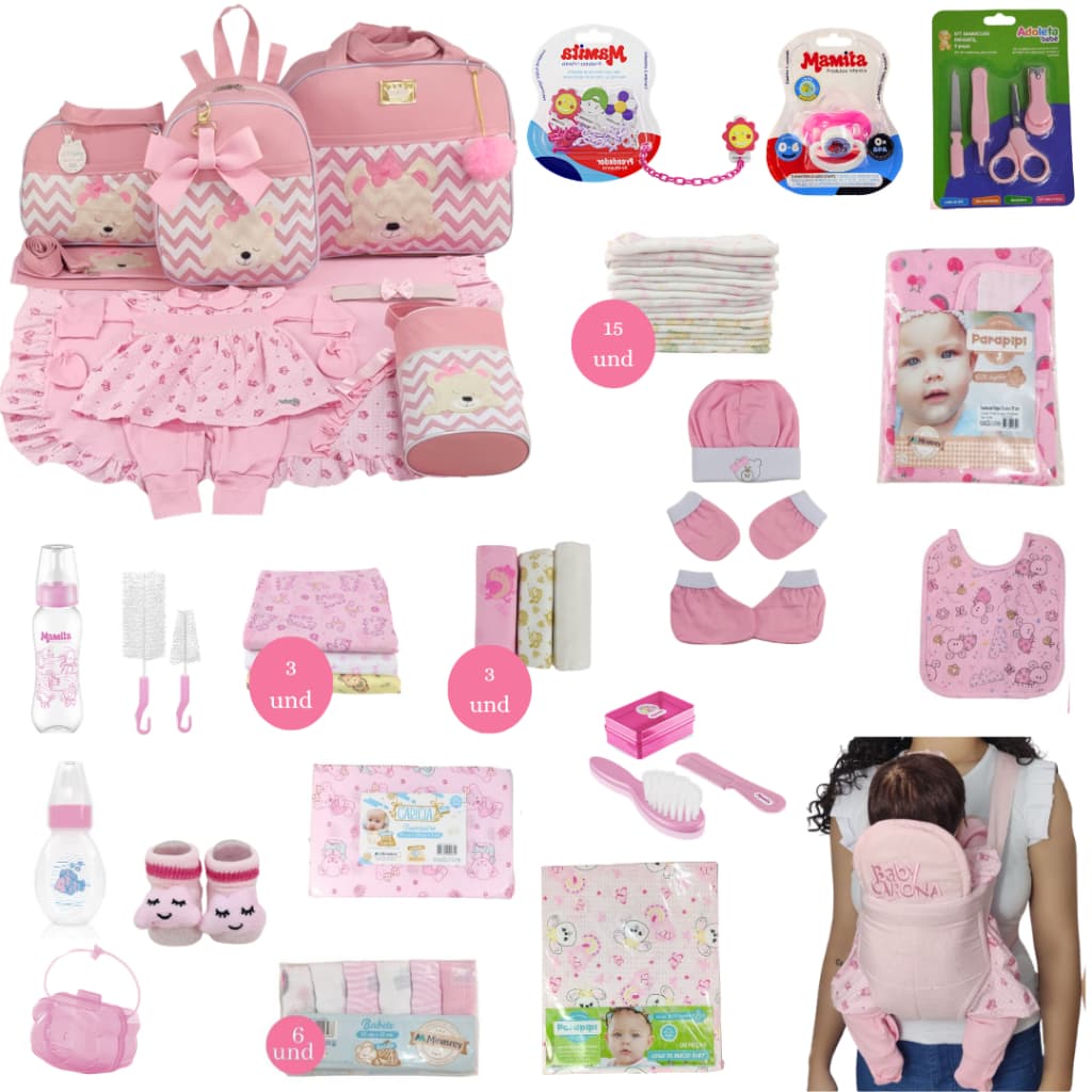 Kit Bolsa de Maternidade c/ Saída Menina + Enxoval de bebê Completo Panos Fraldas Mamadeira Naninha Toalha Jogo de Berço