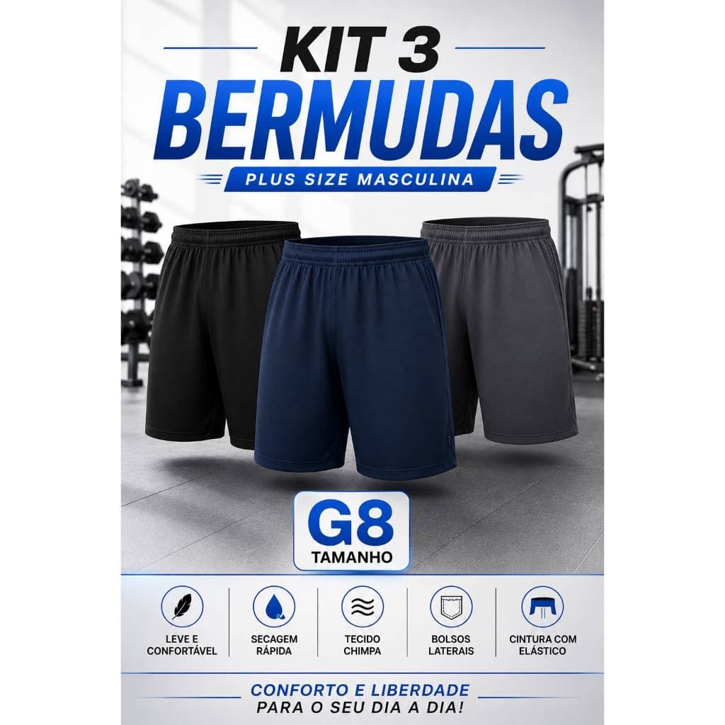 Kit 3 Bermudas Masculina Plus Size G8 Com Elástico e Cordão