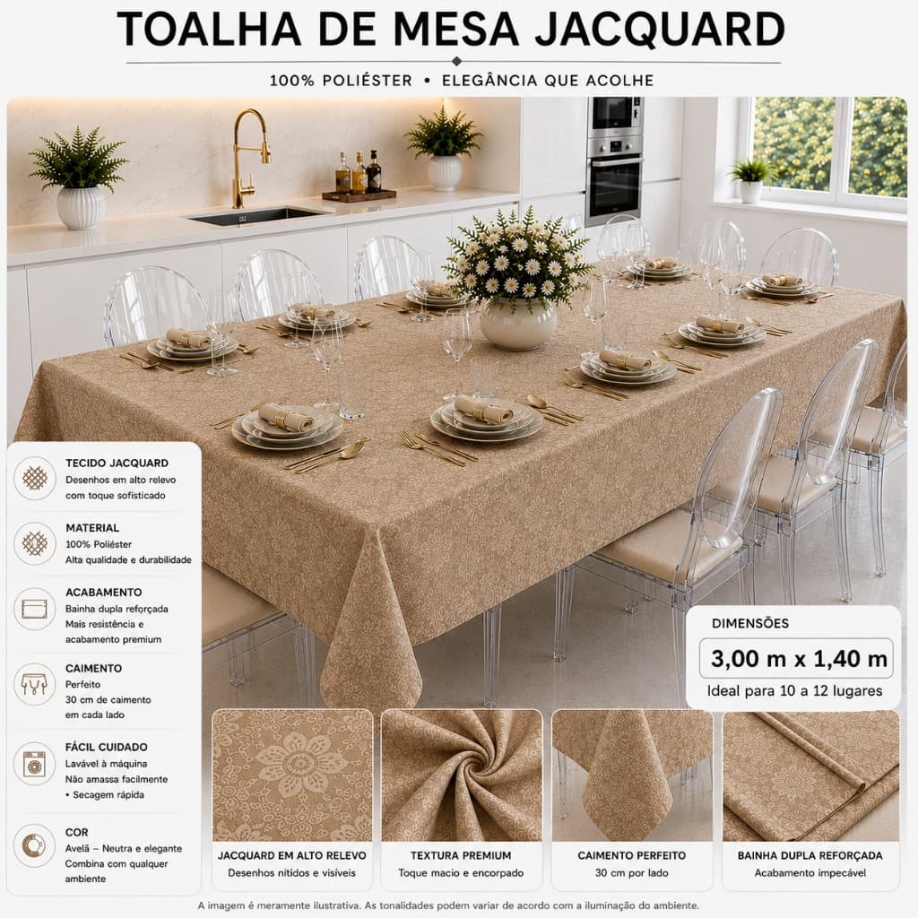 Toalha de Mesa Jacquard Luxo 3,00x1,40 Elegante Mesa Posta Retangular