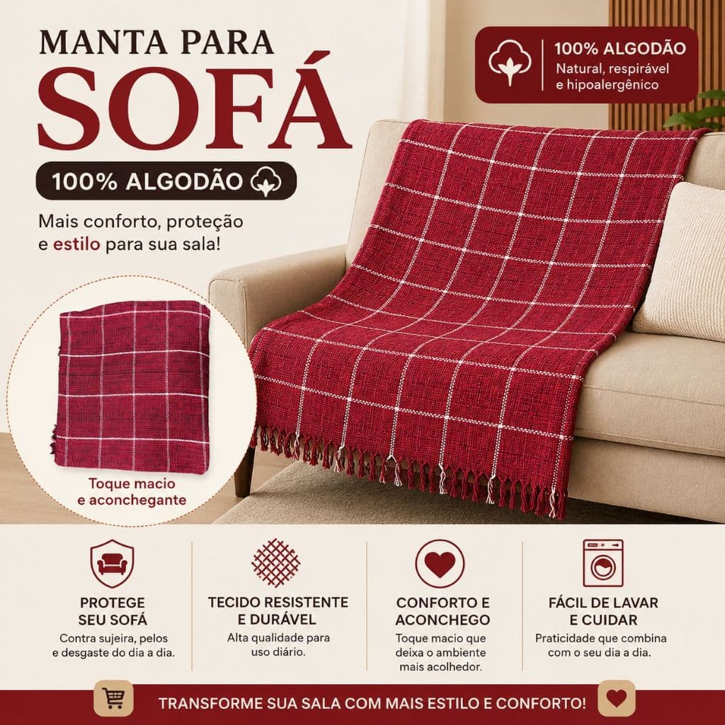 Manta para sofá 100% Algodão Grande 2,65x1,65m Luxo e Conforto