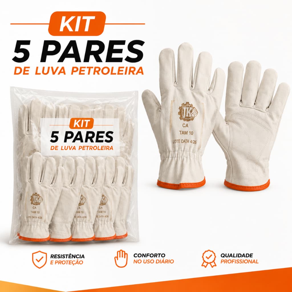 KIT 5 PARES LUVA VAQUETA PETROLEIRA PROFISSIONAL EPI COURO